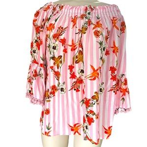 Grand & Green‎ Top Blouse Stripes Tropical PomPoms Bell Sleeves Cottagecore Lily